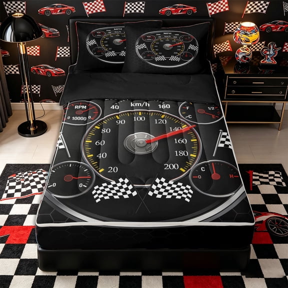 Castle Fairy Retro Speedometer Zipper Full Size Comforter Sets with Fitted Sheet and 2 Pillowcases,Race Flag Print Zipper Bedding Set for Bedroom,Black Red,4pcs,Black Reversible