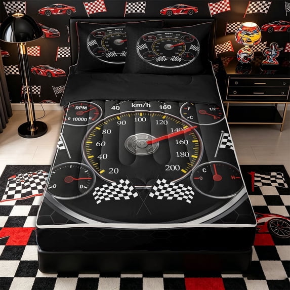 Castle Fairy Retro Speedometer Zipper Twin Comforter Sets with Fitted Sheet and 2 Pillowcases,Race Flag Print Zipper Bedding Set for Bedroom,Black Red,4-Piece,Black Reversible