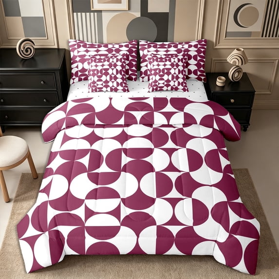 Castle Fairy Retro Split Circle Queen Bedding 7pcs,Abstract Curved Bedding Comforter Set Queen,Burgundy White,Reversible