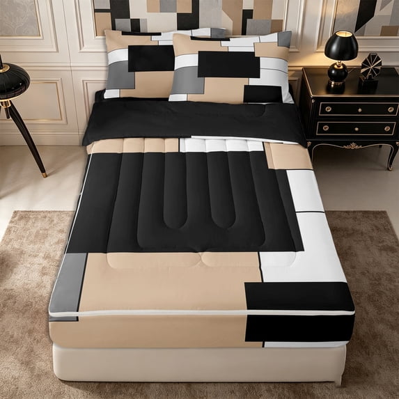 Castle Fairy Retro Stacked Rectangle Zipper Twin Comforter Sets with Fitted Sheet and 2 Pillowcases,Mid Century Solid Square Zipper Bedding Set,Beige Gray Black White,Reversible