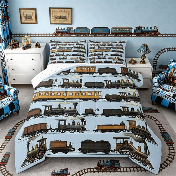 Castle Fairy Retro Steam Train Full Size Comforter Sets 3 Pieces for Kids, Antique Railroad Bedding Sets for Bedroom, Light Blue Black
