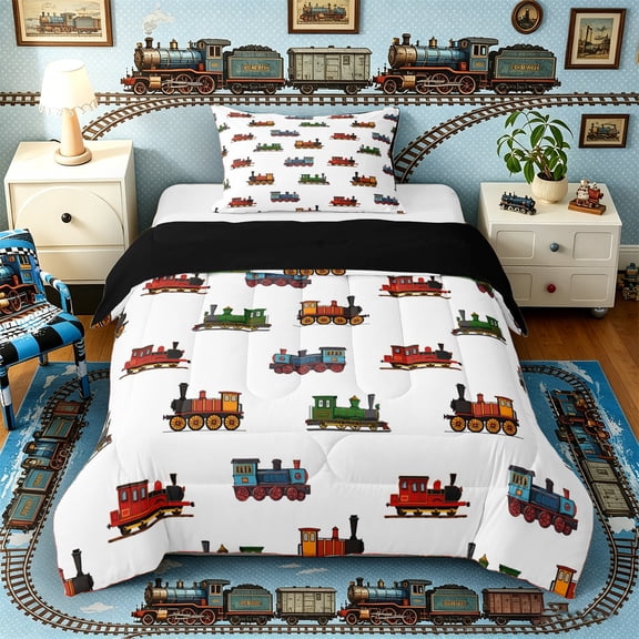 Castle Fairy Retro Steam Train Twin Comforter Sets 3-Piece for Kids, Colorful Locomotive Bedding Set for Nursery, Red Blue Green,Black Reversible