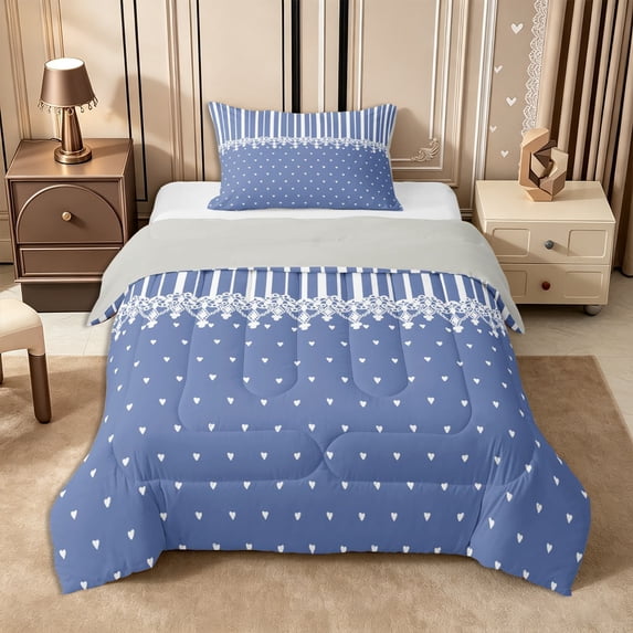 Castle Fairy Retro Striped Band Twin Comforter Sets 2pcs,Minimalism Dot Heart Bedding Set,Dusty Blue White,Reversible,1 Comforter and 1 Pillowcase