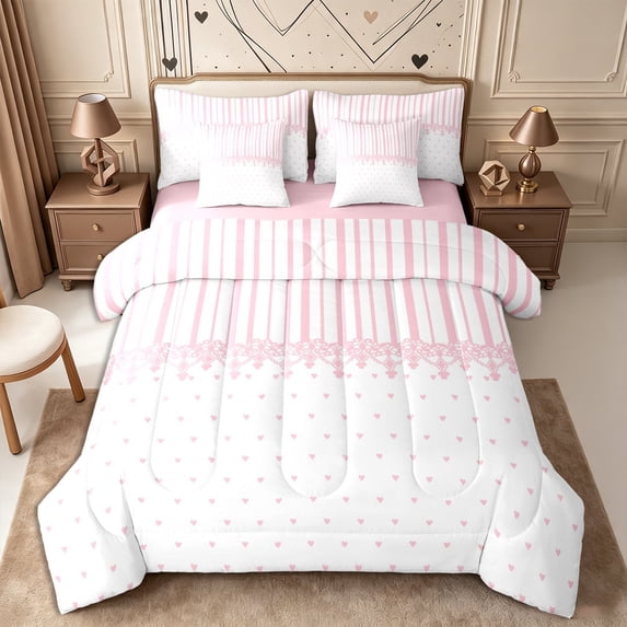 Castle Fairy Retro Striped Panel King Bedding 7pcs,Minimalism Tiny Heart King Bed in a Bag,Pastel Pink White,Reversible