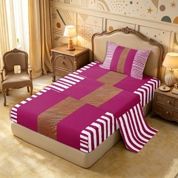 Castle Fairy Retro Stripes Twin Sheets 3pcs,Minimalist Leather Textured Bedding,Magenta Brown White,1 Flat Sheet, 1 Fitted Sheet and 1 Pillowcase