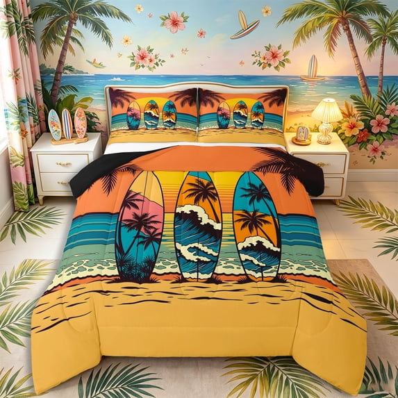 Castle Fairy Retro Sunset Surfboard Queen Comforter Set 3 Pieces,Palm Wave Beach Graphic Comforter Sets Queen,Orange Teal,Black Reversible,1 Comforter and 2 Pillowcases