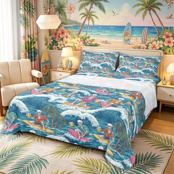 Castle Fairy Retro Surf Skeleton Tile Bed Sheets 4-Piece,Tropical Wave Palm Summer Seamless Pattern Full Size Sheets,Blue Cream,1 Fitted Sheet,1 Flat Sheet and 2 Pillowcases