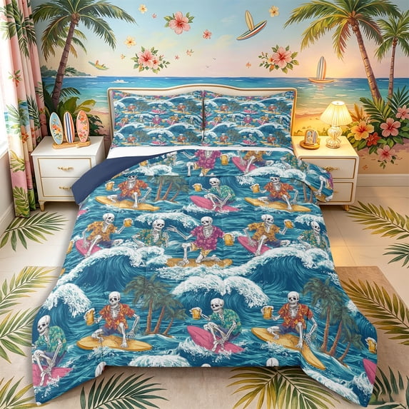Castle Fairy Retro Surf Skeleton Tile King Size Comforter Sets 3pcs,Tropical Wave Palm Summer Seamless Pattern Comforters King Size,Blue Cream,Navy Blue Reversible,1 Comforter and 2 Pillowcases
