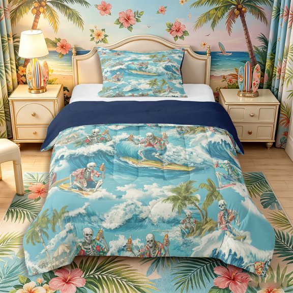 Castle Fairy Retro Surf Skeleton Tile Twin Comforter Sets 2pcs,Tropical Palm Wave Summer Seamless Print Bedding Set,Sky Cream,Navy Blue Reversible,1 Comforter and 1 Pillowcase