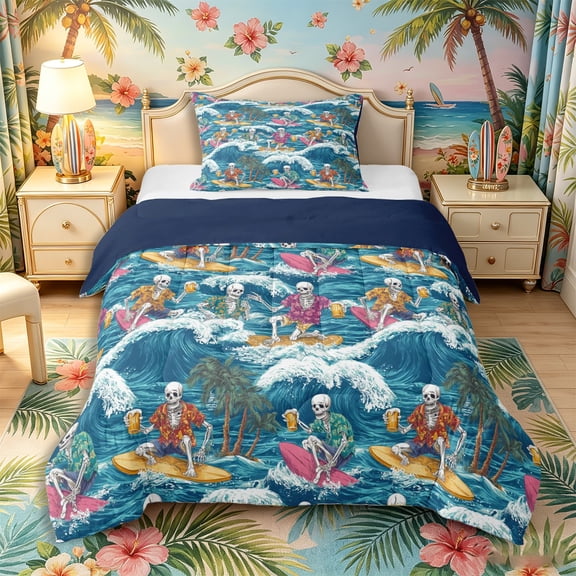 Castle Fairy Retro Surf Skeleton Tile Twin Comforter Sets 2pcs,Tropical Wave Palm Summer Seamless Pattern Bedding Set,Blue Cream,Navy Blue Reversible,1 Comforter and 1 Pillowcase