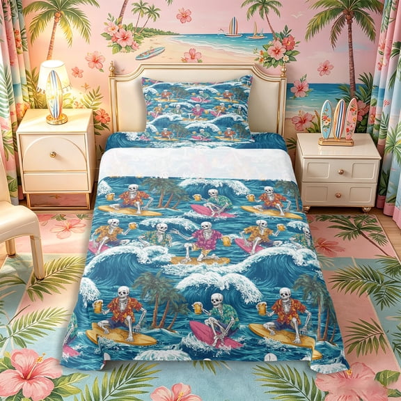 Castle Fairy Retro Surf Skeleton Tile Twin Sheets 3pcs,Tropical Wave Palm Summer Seamless Pattern Bedding,Blue Cream,1 Fitted Sheet,1 Flat Sheet and 1 Pillowcase