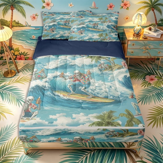 Castle Fairy Retro Surf Skeleton Tile Zipper Twin Comforter Sets with Fitted Sheet and 2 Pillowcases,Tropical Palm Wave Summer Seamless Print Zipper Bedding Set,Sky Cream,Reversible,4-Piece