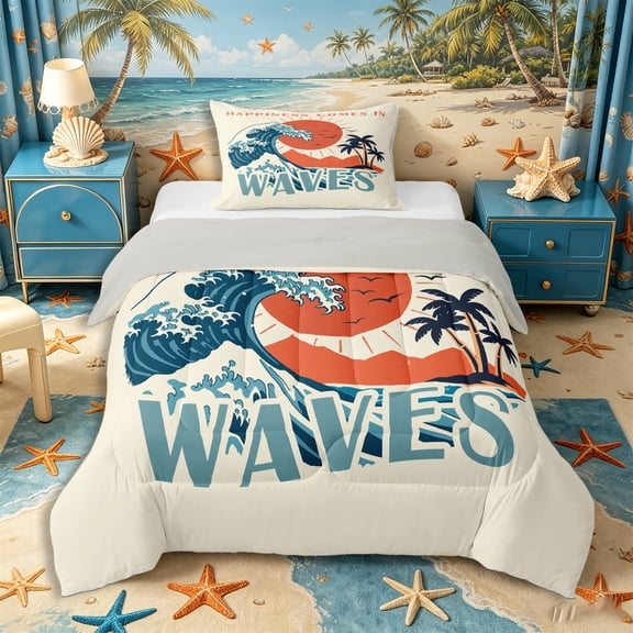Castle Fairy Retro Surf Wave Poster Twin Comforter Sets 2pcs,Palm Sunset Happiness Text Cream Wall Art Bedding Set,Peach Teal,Grey Reversible,1 Comforter and 1 Pillowcase