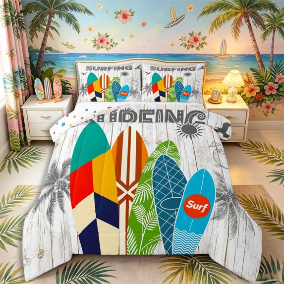 Castle Fairy Retro Surfboard Typography Full Size Comforter Sets 3-Piece,Palm Seagull Wooden Plank Graphic Bedding Comforter Set,White Teal,Reversible,1 Comforter and 2 Pillowcases
