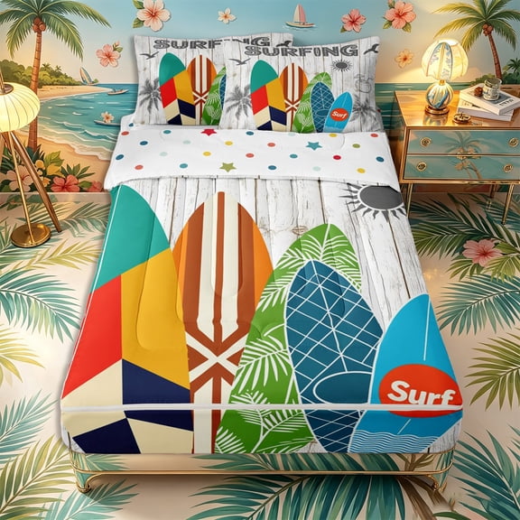 Castle Fairy Retro Surfboard Typography Zipper Queen Comforter Set with Fitted Sheet and 2 Pillowcases,Palm Seagull Wooden Plank Graphic Zipper Bedding Set,White Teal,Reversible,4 Pieces