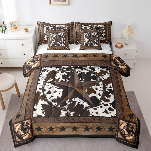 Castle Fairy Retro Texas Star Bedding Comforter Set 7-Piece for Female Men,Cow Print King Bedding Sets,Western Vintage Aesthetic Ultra Soft Bed Sheets,Ultra Soft Home Decor,Reversible