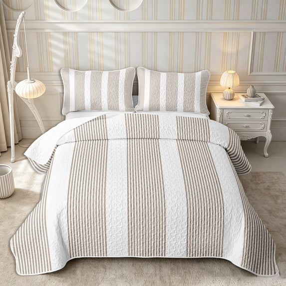 Castle Fairy Retro Thin Vertical Stripe Quilt King 3 Pieces,Abstract Wide Band King Coverlet Set,Taupe White,1 Bedspread and 2 Pillowcases