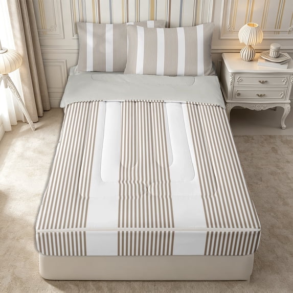 Castle Fairy Retro Thin Vertical Stripe Zipper Twin Comforter Sets with Fitted Sheet and 2 Pillowcases,Abstract Wide Band Zipper Bedding Set,Taupe White,Reversible