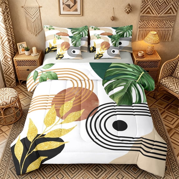 Castle Fairy Retro Tropical Leaves Bedding Comforter Set 7 Pieces for Kids,Geometric Stripes Full Bedding Set,Green Gold,Grey Reversible