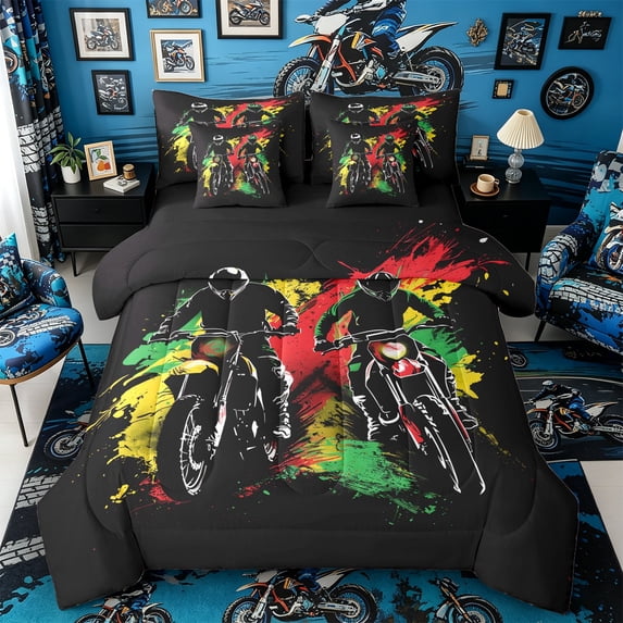 Castle Fairy Retro Twin Dirt Bike Bedding Comforter Set 7-Piece for Boys, Nature Splash Art King Bedding Sets for Bedroom, Red Green,Black Reversible