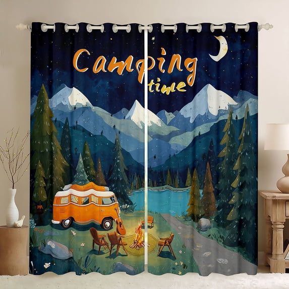 Castle Fairy Retro Van Camping Blackout Curtains Set of 2 (52x84 Each) for Kids, "Camping Time" Print Window Curtains for Bedroom, Orange Blue