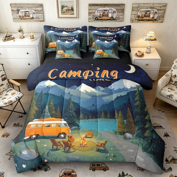 Castle Fairy Retro Van Camping Twin Bedding Sets 7-Piece for Kids, "Camping Time" Print Bedding Comforter Set for Bedroom, Orange Blue,Black Reversible