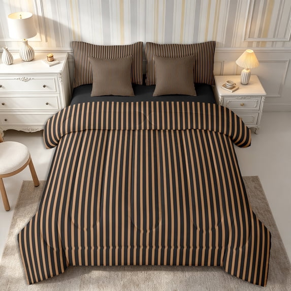 Castle Fairy Retro Vertical Strip Queen Bedding 7pcs,Abstract Minimalist Linear Motif Bedding Comforter Set Queen,Tan Black,Reversible