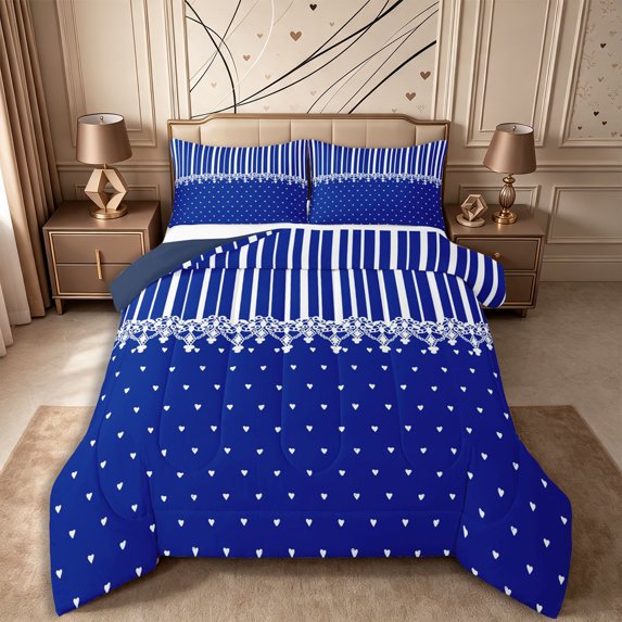Castle Fairy Retro Vertical Stripe King Size Comforter Sets 3pcs,Minimalism Heart Dot Comforters King Size,Royal Blue White,Reversible,1 Comforter and 2 Pillowcases