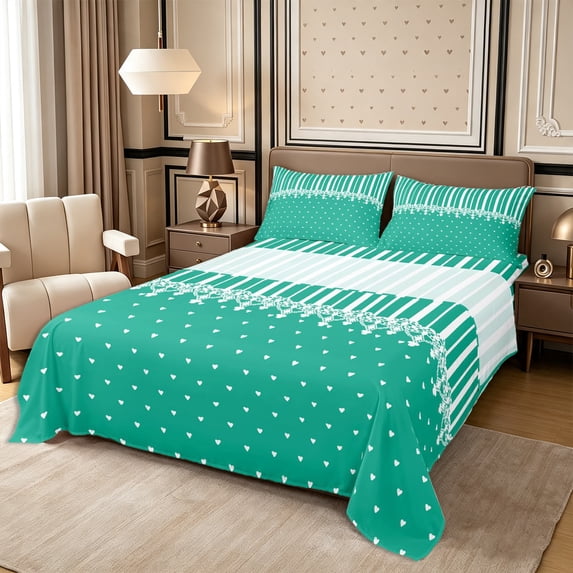 Castle Fairy Retro Vertical Stripe Queen Sheets 4 Pieces,Minimalism Heart Dot Queen Sheet Sets,Emerald Green White,1 Flat Sheet, 1 Fitted Sheet and 2 Pillowcases