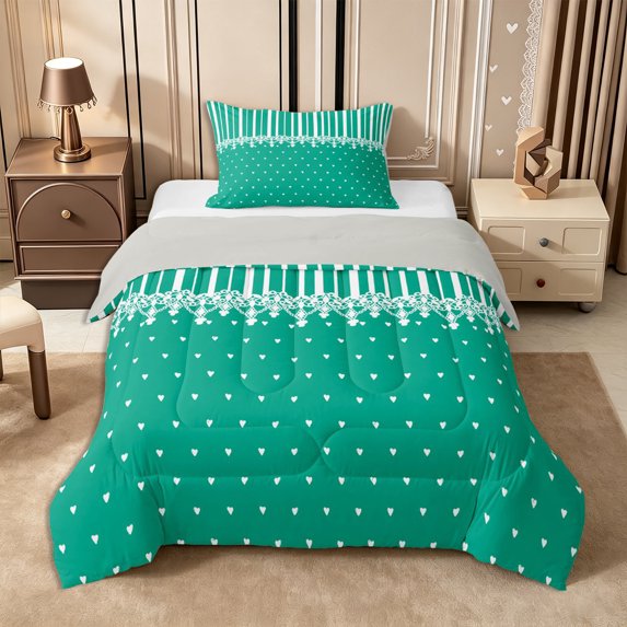 Castle Fairy Retro Vertical Stripe Twin Comforter Sets 2pcs,Minimalism Heart Dot Bedding Set,Emerald Green White,Reversible,1 Comforter and 1 Pillowcase