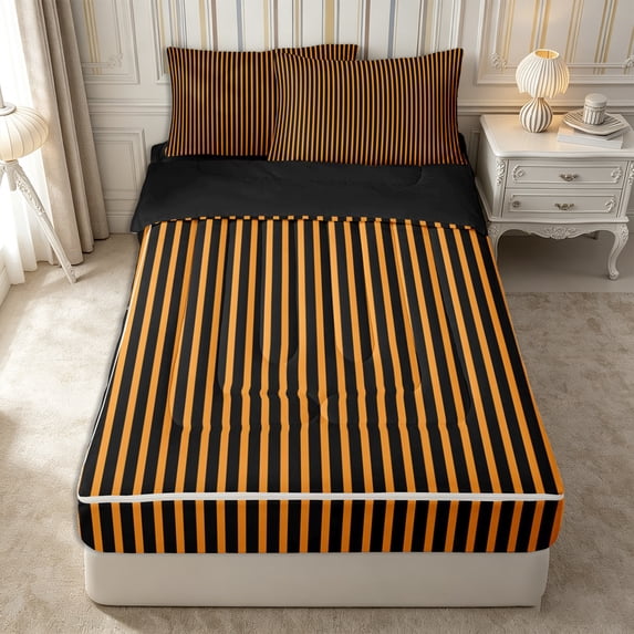 Castle Fairy Retro Vertical Stripe Zipper Twin Comforter Sets with Fitted Sheet and 2 Pillowcases,Mid Century Linear Texture Zipper Bedding Set,Orange Black,Reversible