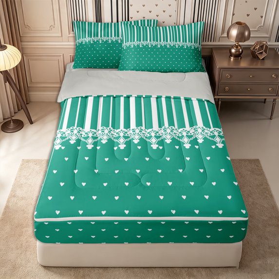 Castle Fairy Retro Vertical Stripe Zipper Twin Comforter Sets with Fitted Sheet and 2 Pillowcases,Minimalism Heart Dot Zipper Bedding Set,Emerald Green White,Reversible
