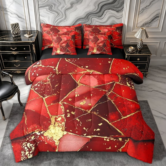 Castle Fairy Retro Watercolor Marble Full Size Bedding Sets 7 Pieces,Mid Century Crack Fragment Full Size Bed in a Bag,Scarlet Burgundy Gold,Reversible
