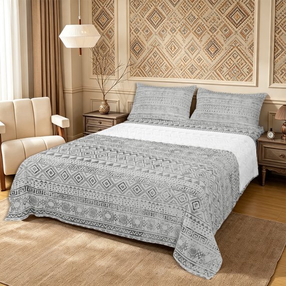 Castle Fairy Retro Worn Tribal Border King Sheets 4pcs,Abstract Geometric Aztec Line Bedding,Gray White,1 Flat Sheet, 1 Fitted Sheet and 2 Pillowcases