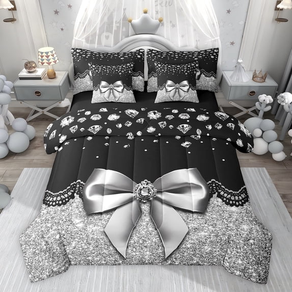 Castle Fairy Ribbon Bow Bedding Comforter Set,Crystal Glitter Print King Bedding Sets