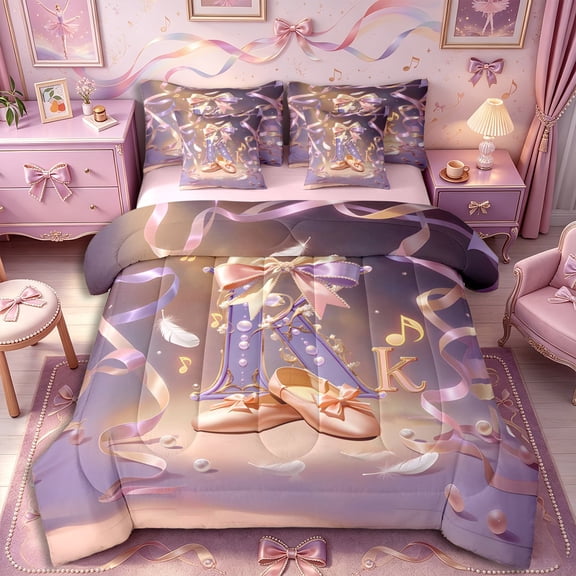 Castle Fairy Ribbon Bow Initial K Twin Bedding 7-Piece,Ballet Music Theme Bedding Comforter Set,Dusty Rose Amethyst