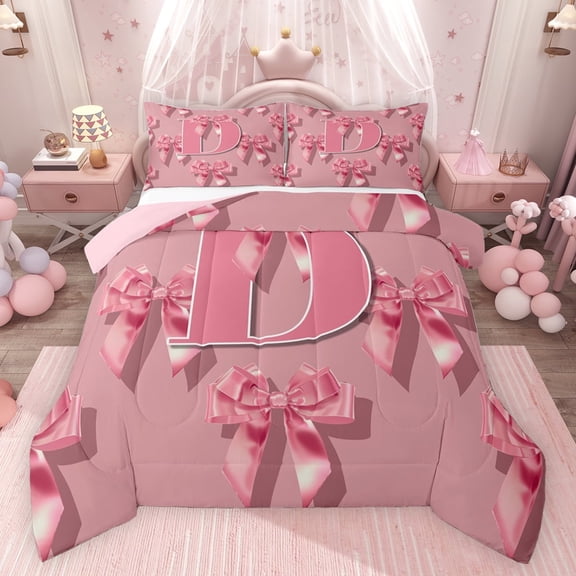Castle Fairy Ribbon Bow Knot Personalized Initial D Bedding Comforter Set 2pcs for Preppy Child Teens,Pink Bow-Tie Twin Comforter Sets Microfiber,Dreamy Princess Bow Alphabet Breathable Bedding Set