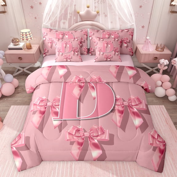 Castle Fairy Ribbon Bow Knot Personalized Initial D Bedding Comforter Set 7-Piece for Preppy Child Teens,Cute Pink Bow-Tie King Bedding Sets,Dreamy Princess Bow Alphabet Ultra Soft Bed Sheets