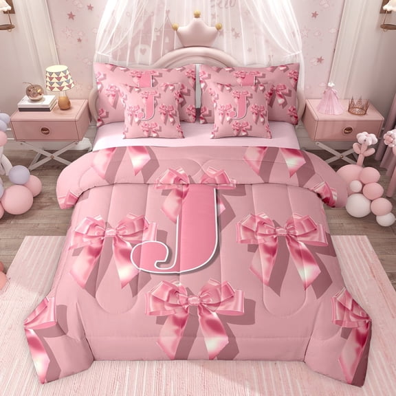Castle Fairy Ribbon Bow Knot Personalized Initial J Twin Bedding Sets 7-Piece for Preppy Child Teens,Cute Pink Bow-Tie Bedding Comforter Set Microfiber,Dreamy Princess Bow Alphabet Sheet Sets