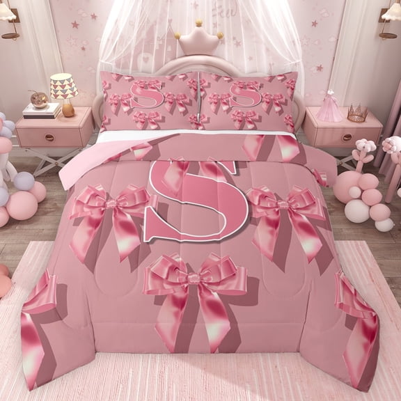 Castle Fairy Ribbon Bow Knot Personalized Initial S Bedding Comforter Set 2pcs for Preppy Child Teens,Pink Bow-Tie Twin Comforter Sets Microfiber,Dreamy Princess Bow Alphabet Breathable Bedding Set