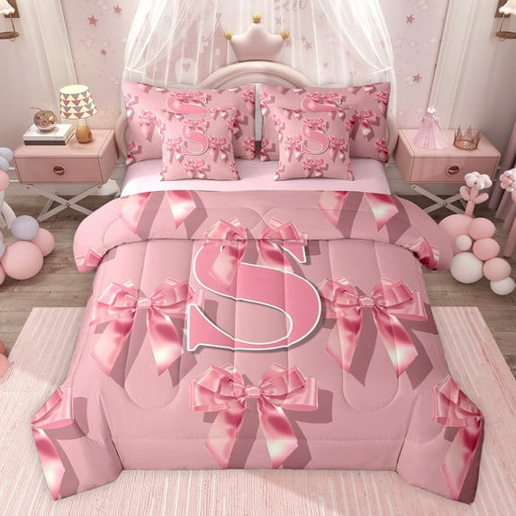 Castle Fairy Ribbon Bow Knot Personalized Initial S Bedding Comforter Set 7 Pieces for Preppy Child Teens,Cute Pink Bow-Tie Full Bedding Set,Dreamy Princess Bow Alphabet Fitted Sheet Flat Sheet