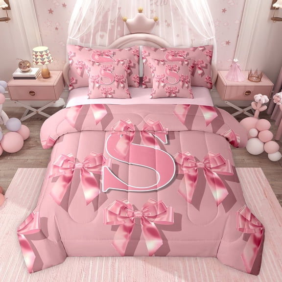 Castle Fairy Ribbon Bow Knot Personalized Initial S Twin Bedding Sets 7-Piece for Preppy Child Teens,Cute Pink Bow-Tie Bedding Comforter Set Microfiber,Dreamy Princess Bow Alphabet Sheet Sets