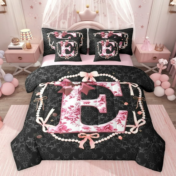 Castle Fairy Ribbon Bowknot Letter Monogrammed E Bedding Comforter Set 7-Piece for Child Teens Adults,Boho Vintage Floral Damask King Bedding Sets,Princess Pearl Bow Ultra Soft Bed Sheets