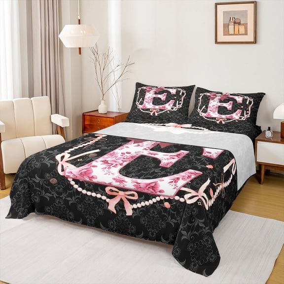 Castle Fairy Ribbon Bowknot Letter Monogrammed E Twin Sheet Sets 3pcs for Child Teens Adults,Boho Vintage Floral Damask Twin Fitted Sheet Microfiber,Princess Pearl Bow Breathable Flat Sheet