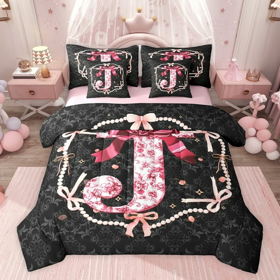 Castle Fairy Full 7-Piece Ribbon Bow Letter Monogrammed J Boho Floral Damask Bedding Set