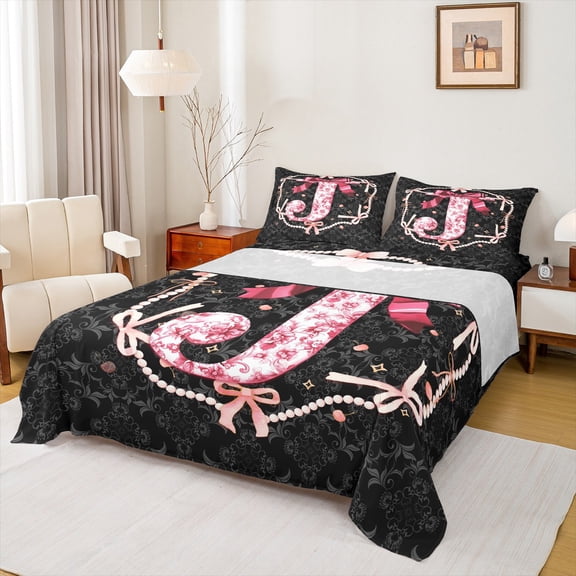 Castle Fairy Ribbon Bowknot Letter Monogrammed J Twin Sheet Sets 3pcs for Child Teens Adults,Boho Vintage Floral Damask Twin Fitted Sheet Microfiber,Princess Pearl Bow Breathable Flat Sheet