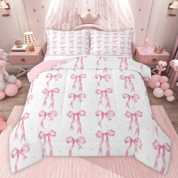 Castle Fairy Ribbon Bowknot Queen Comforter Set,Dreamy Princess Bow Bedding Comforter Set