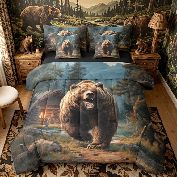 Castle Fairy Roaring Brown Bear 7-Piece Twin Bedding,Log Cabin Mountain Woodland Bedding Comforter Set,Teal Brown Green,Black Reversible