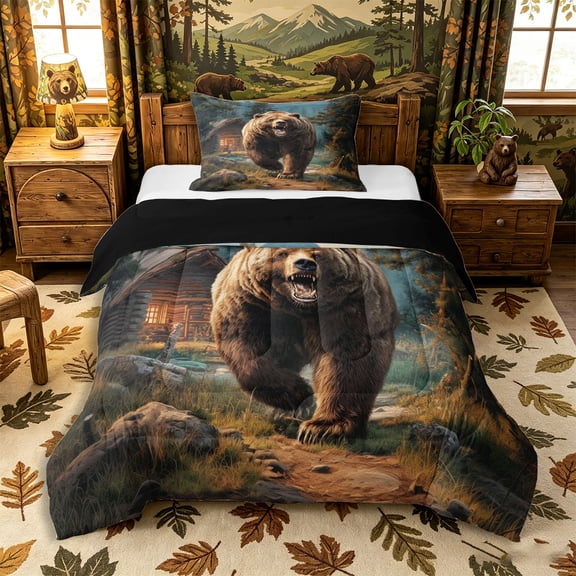 Castle Fairy Roaring Brown Bear Twin Comforter Sets 2pcs,Log Cabin Mountain Woodland Bedding Set,Teal Brown Green,Black Reversible,1 Comforter and 1 Pillowcase