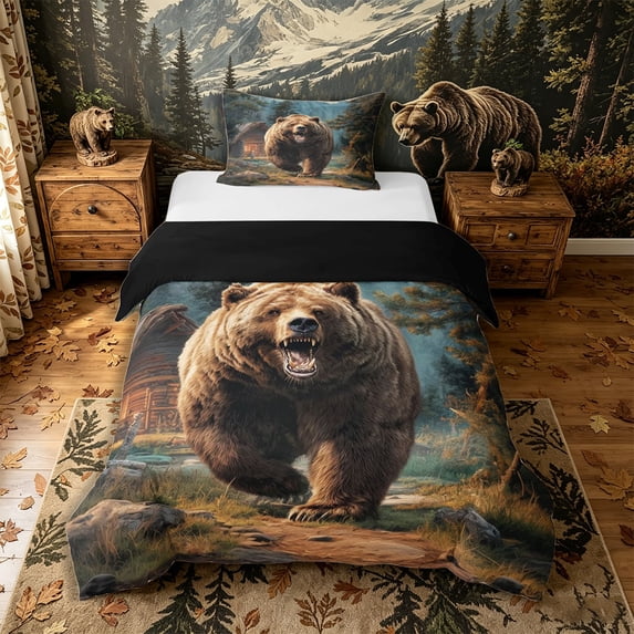 Castle Fairy Roaring Brown Bear Twin Duvet Cover,Log Cabin Mountain Woodland Twin Bedding,Teal Brown Green,Black Reversible,2pcs,No Comforter,1 Duvet Cover and 1 Pillowcase